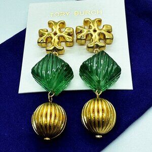 TORY BURCH Roxanne Double Drop STUD Earrings In Rolled Brass / Azure Green